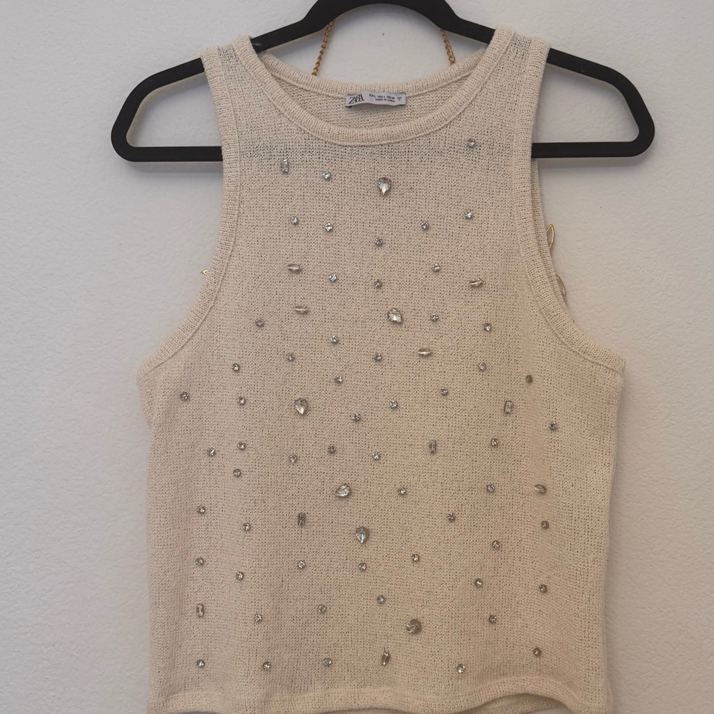 Zara Embellished Rhinestones Cream Beige Tank Top - Picture 2 of 4